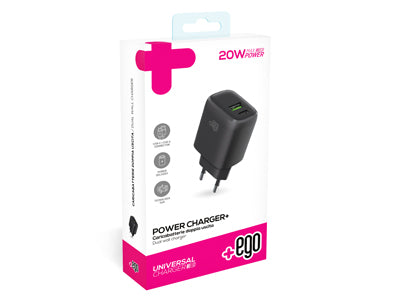 Caricatore da rete GaN Dual uscite Usb C - Usb A PD 20W Nero apple/iphone-air